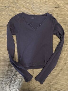 Long Sleeve Notch Neck Ribbed Top - Navy